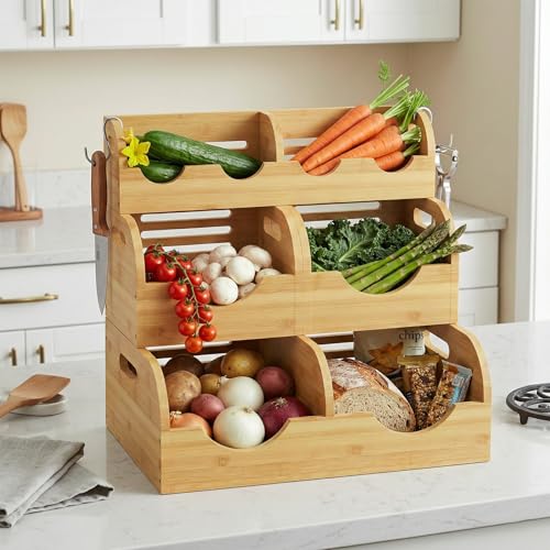 Upgraded 3 Tier Bamboo Pantry Storage Bins,Large potato storage With 2 Banana Hangers,Stackable Potato and Onion Storage Bin with Airflow Vent, Pantry Baskets, Vegetable Storage,for Kitchen Countertop