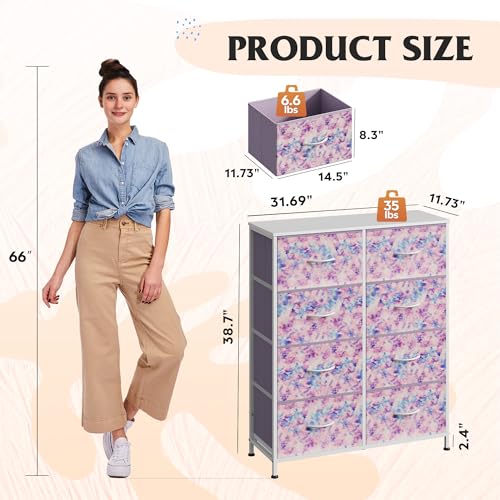 WLIVE Fabric Dresser for Bedroom, Tall Dresser with 8 Drawers, Storage Tower with Fabric Bins, Double Dresser, Chest of Drawers for Closet, Playroom, Dormitory, Tie-dye Print (Pink, Purple, Blue) - color: Tie-dye Purple Print, style: General