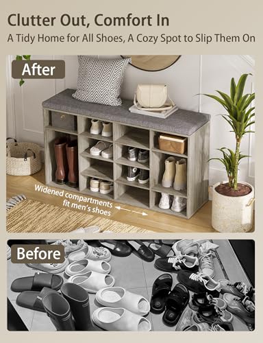 DINZI LVJ Shoe Storage Bench with Cushion, 16-Cubby Shoe Rack, Adjustable Shelves, Multifunctional Shoe Organizer Bench for Entryway, Mudroom, Hallway, Living Room, Bedroom and Garage, Gray Wash - color: Gray Wash, size: 16 Cubby
