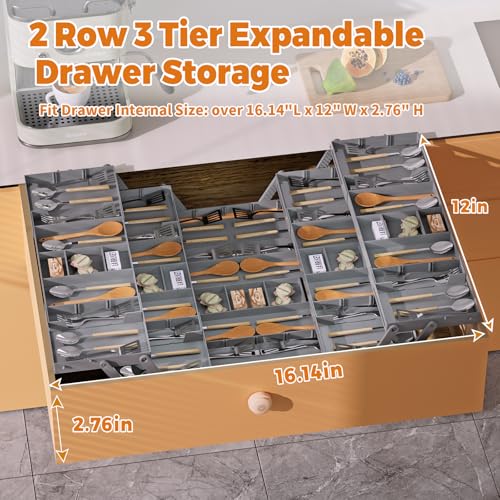 3 Tier Drawer Organizer - Expandable Junk Drawer Organizer Smart Office Supply Organizer, Folding Kitchen Drawer Storage Multi Level Desk Organizer for Makeup, Jewelry, Cosmetics Storage(2 Row 3 Tier) - color: Grey, size: 2 Row 3 Tier