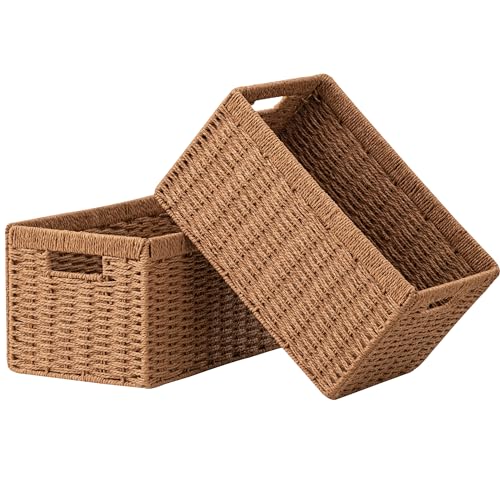 UBBCARE 2 Pack Wicker Basket, 13.4L×8.3H×7.1W inch Woven Paper Rope Storage Baskets for shelves, Foldable Rectangular Storage Baskets with Handle, Storage Basket for Organizing, Caramel - color: Caramel, size: 2pack Medium