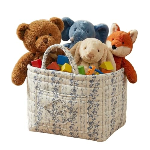 Quilted Fabric Basket Foldable Car Storage Boho Floral Laundry Basket Hamper for Nursery Bedroom & Living Room | Organize Clothes Toys - color: Blue-Print Vine