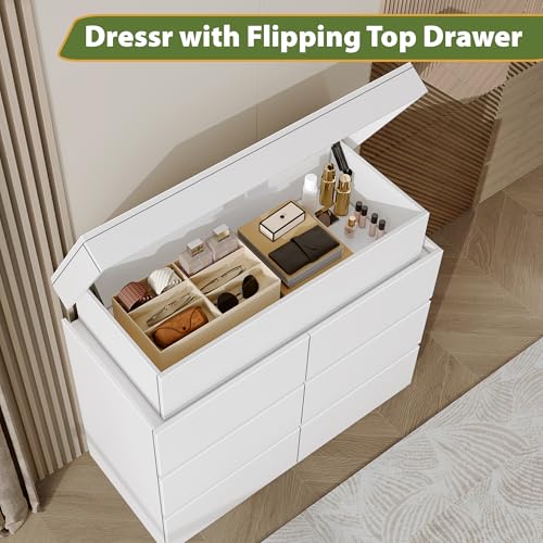 DreamDashio Modern 6 Drawer Dresser with Flip-Top Storage, Chest of Drawers for Closet with Floating LED Lights & Charging Station, Double Wide Drawer Organizer Cabinet for Bedroom, Living Room, White - color: White