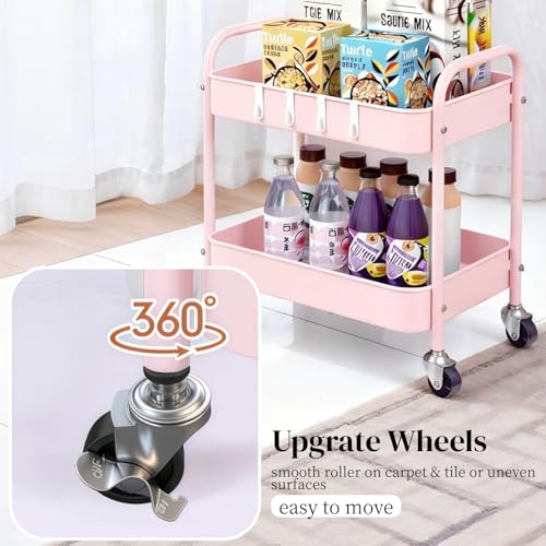 Pink 2 Tier Rolling Cart Metal with Wheels Under Desk Storage Cart for Small Space Organization, Small Trolley for Pantry Room Laundry Bathroom Kitchen Office Art Snack Baby Supplies - color: Pink