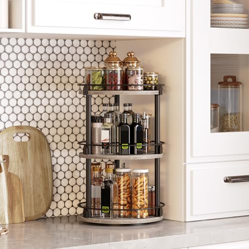 YATINEY 3-Tier Lazy Susan Organizer, Rotating Spice Rack, Spinning Organizer, Industrial Turntable Spice Rack Organizer for Cabinet, Kitchen Countertop, Greige and Black SR23BG - color: Greige + Black, size: 10.2"L x 10.2"W x 18"H