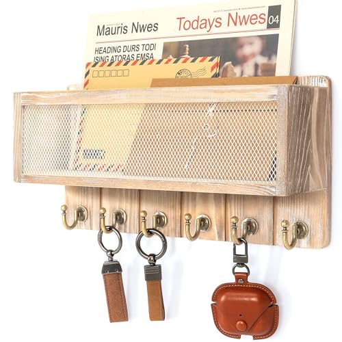 Rebee Vision Pine Wood Mail and Key Holder for Wall – Decorative Key Holder Wall Mount with Hooks & Basket for Entryway – Storage Organizer for Keys, Mail & Sunglasses (Natural) - color: Natural