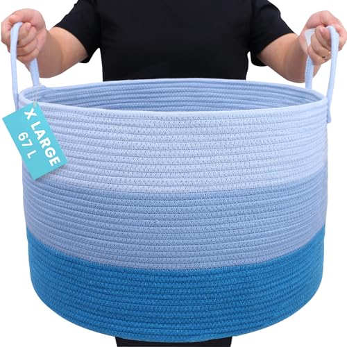 OrganiHaus Large Woven Storage Basket for Blankets and Toys 20" x 13" Inch, Rope Laundry Basket with Handles, Cushions & Pillows Storage Bin, Nursery Hamper, Soft Round Dog Toy Bin - Blue - color: 3-toned Blue, size: Wide