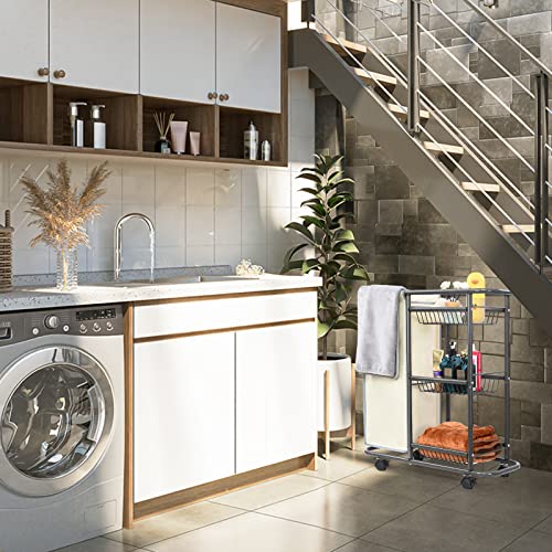 Narrow Laundry Cart with Wheels,3 Baskets and 45L Laundry Bag Metal Rolling Cart for Small Space,Laundry Room Organization and Storage for Bathroom Living Room Apartment Dorm