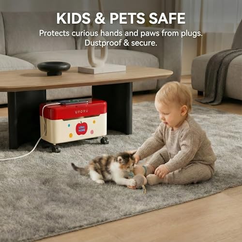 2-Tier Rolling Cable Management Box with Wheels (Large) – Mobile Power Strip Hider & Cord Organizer – Under Desk Wire Concealer & Charging Station Organizer – Baby & Pet Proof Safety (Macaron Pink) - color: Macaron Pink