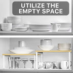 Simple Houseware Expandable Stackable Cabinet and Counter Shelf Organizer with Wooden Surface, 7.6'' D x 11.75'' W x 6.1'' H, Oak - color: Oak