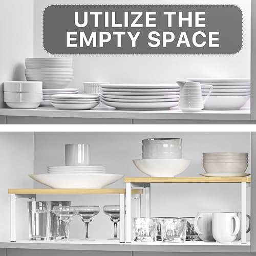 Simple Houseware Expandable Stackable Cabinet and Counter Shelf Organizer with Wooden Surface, 7.6'' D x 11.75'' W x 6.1'' H, Oak - color: Oak
