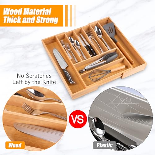 Bellsal Large Premium Bamboo Silverware Organizer - Expandable Utensil Drawer Organizer - 17"x19.6" Utensil Holder and Cutlery Tray with Grooved for Kitchen Flatware and Utensils Mother's Day Gift - color: Nature, size: 9 Slots Expandable