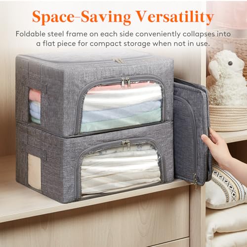 Lifewit Clothes Storage Bins with Metal Frame, Stackable Storage Box, Foldable Clothing Storage Bins with Lids, 25L Storage Bags Fabric Box Organizer with Clear Window＆ Zippers＆ Sturdy Handles 6 Pack - size: 25L