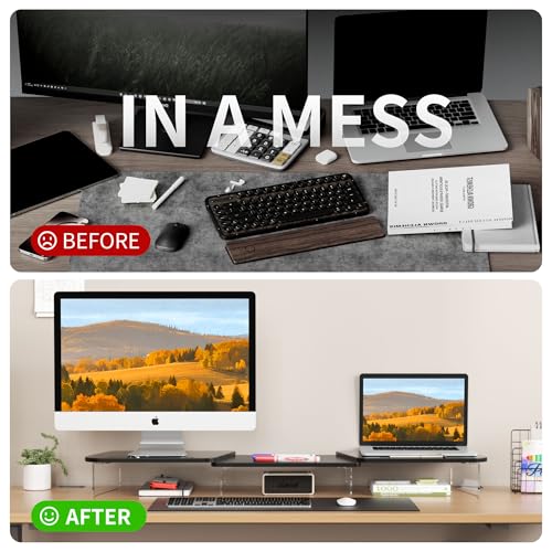 AFOOYO LED Dual Monitor Stand Riser for 2 Monitors,Office Desktop Wooden Stand Adjustable Length and Angle 3 Shelf,Extra Long Multifunctional Stand up to 39.3" for Computer,Laptop,TV,Black - color: Black, size: MIDDLE SLOT