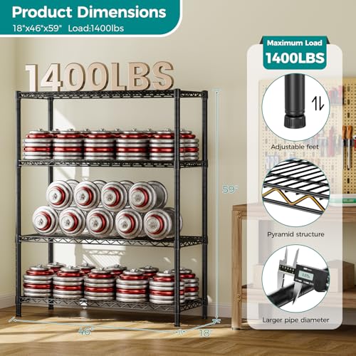 SINGAYE 4 Shelves Adjustable Shelf Heavy Duty Shelves 1400LBS Wire Storage Shelving Metal Organizer Wire Rack Black 18" D X 46" W X 59" H - color: Black, size: 4Tier-18"Dx46"Wx59"H