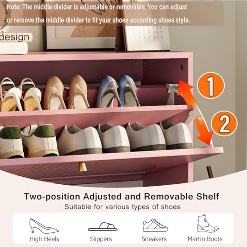Fsbecl Shoe Storage Cabinet for Entryway with 2 Flip Drawers, Narrow Wood Shoe Cabinet with Fluted Panel, Freestanding Hidden Shoe Organizer for Foyer, Hallway (Pink - with Shelf) - color: Pink - With Shelf