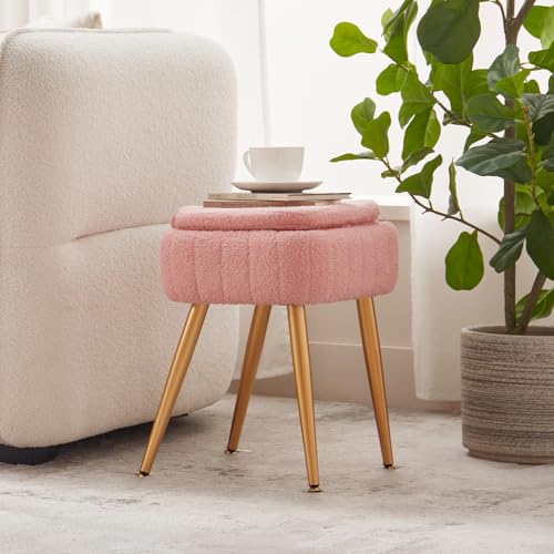 Updated Vanity Chair, Storage Ottoman with Folding Back & Gold-Toned Metal Legs, Ottoman Seat with Teddy Velvet for Dressing Room Living Room Bedroom, 15" x 12" Inch - color: Pink, size: 15" x 12"