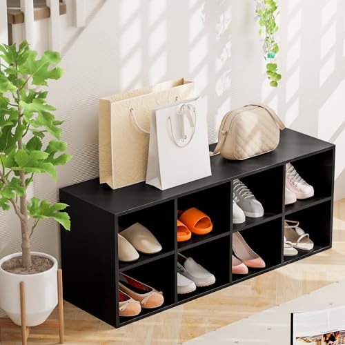 Tangkula 8 Cubbies Shoe Storage Bench, Shoe Organizer with 500 LBS Weight Capacity, Cubby Shoe Rack Storage Cabinet for Entryway, Hallway, Living Room and Bedroom (Black) - color: Black