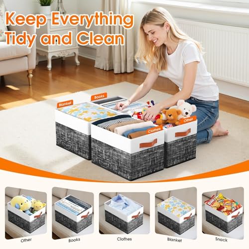 Fab totes Collapsible Storage Baskets for Shelves,14"x10", 4 Pack Foldable Fabric Storage Bins with Double Leather Handles, Large Baskets for Organizing Books, Clothes, White & Black - color: Black, size: 4pack