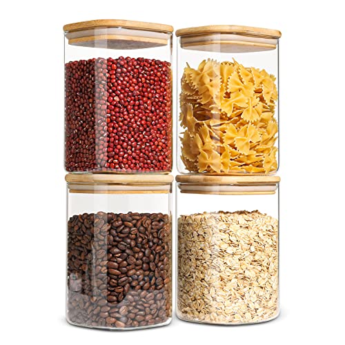 ComSaf Glass Storage Containers with Lids, 1.2 Qt Glass Jars with Lids, Clear Food Storage Jar, Canister For Pantry Cookie Flour Cereal Rice Sugar Tea Coffee Beans Spice, Square Set of 4 - size: 1.2Qt*4