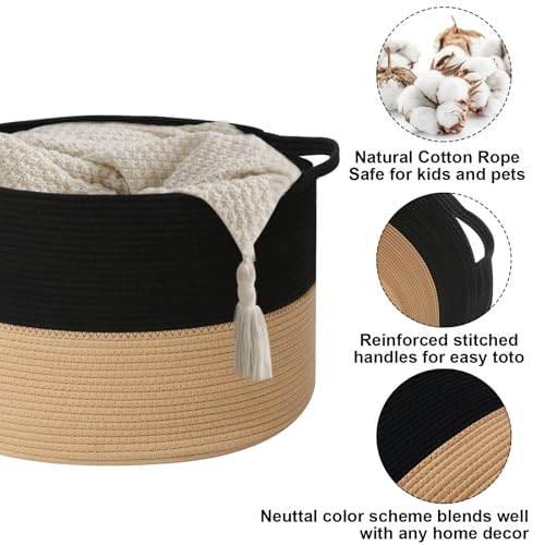 90L Extra Large Blanket Basket,Woven Laundry Basket Hamper with Handles, Decorative Nursery Basket Storage Bin for Toys, Clothes Organizer, Living Room, Bedroom, Bathroom, Black&Camel - color: Black&Camel, size: 21.7"L x 21.7"W x 13.8"H（90L)