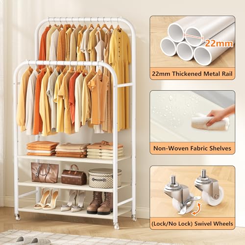 HOMIDEC Double Rods Clothes Rack Clothing Rack with 3 Tier Storage Shelves Clothes Rack for Hanging Clothes Multifunctional Heavy Duty Clothes Organizer for Bedroom,Wardrobe Closet,Shop,White - color: White