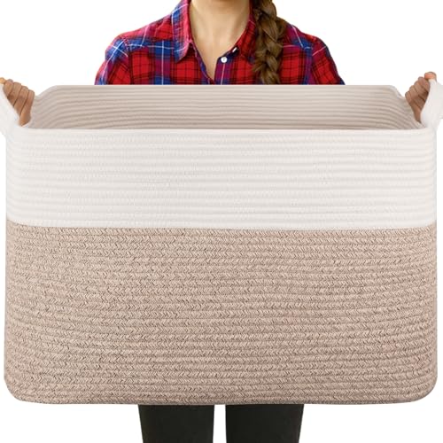 Extra Large Laundry Basket, 95L Blanket Basket for Living Room, Cotton Rope Toy Storage for Kids, Woven Baskets for Clothes, Towels, Pillows, 24" x 17" x 14", Brown and White - color: Brown & White, size: 24"x16.9"x14.2"