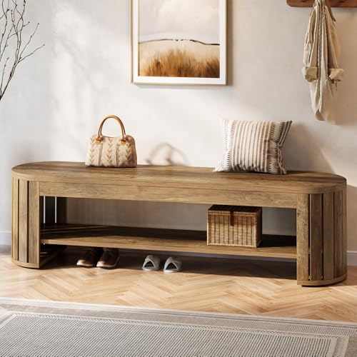 Tribesigns 63" Wooden Entryway Bench with Shoe Storage, Long 2-Tier Narrow Shoe Bench with Arc Vertical Slat Splicing Legs, End of Bed Stool for Bedroom, Entrance, Living Room (Brown) - color: Brown
