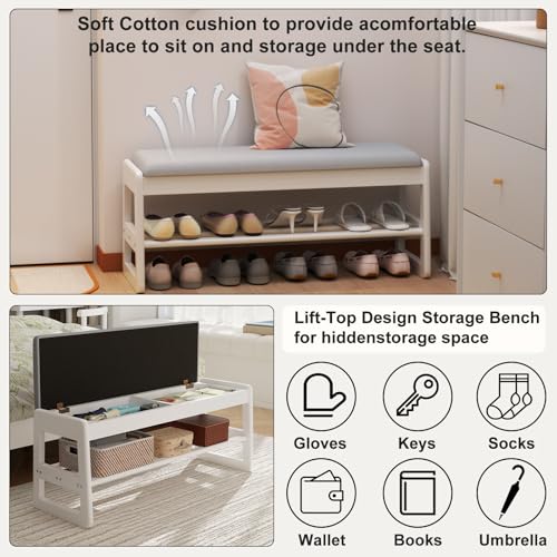 AQIMUELE Shoe Rack Bench,2 Tiers Shoe Bench with Storage with Flip-Top,Wood Shoe Rack for Entryway,Hallway（White Upholstered Seat,11.8" D x 23.62" W x 15.7" H） - color: White Upholstered Seat, size: 11.8"D x 23.62"W x 15.7"H
