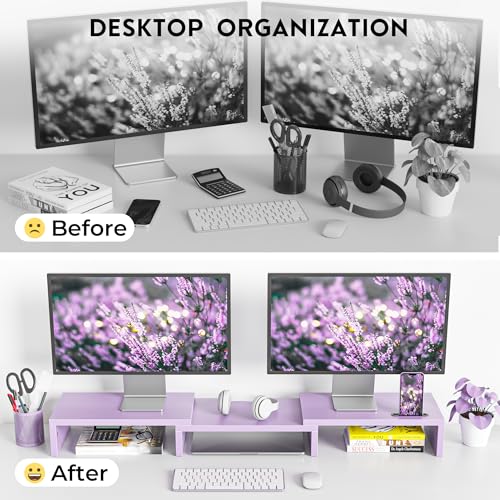 BONTEC Dual Monitor Stand Riser with Smartphone Holder, Adjustable Length & Swivel Angle, Ergonomic Wooden Desktop Organizer for PC Monitor, Laptop, Printer, Large Storage, Purple - color: Purple