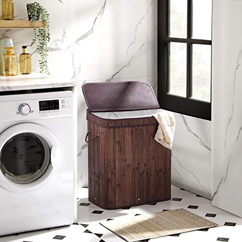 SONGMICS Laundry Hamper with Lid, Bamboo Launry Basket with Handles, Foldable Storage Basket for Laundry Room, Bedroom, 100L, Brown ULCB063K02 - color: Chestnut Brown, size: 100 L