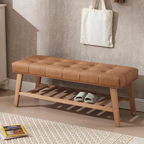 Farmhouse Upholstered Storage Entryway Bench with Shoe Shelf, 2 Tier Faux Leather Button Tufted Bench with Wooden Frame for End of Bed/Hallway/Reception/Living Room, Brown - color: Brown