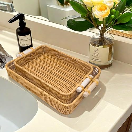 GIB Woven Baskets Serving Trays with Handle, Small Rectangle PP Wicker Rattan Trays Bread Basket for Serving Food, Vegetables, Breakfast, Coffee Table Decor, 14" & 12", Set of 2 - color: Rectangular - Set of 2