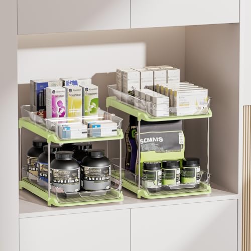 Delamu 2-Tier Multi-Purpose Bathroom Under Sink Organizers and Storage, Stackable Kitchen Pantry Organization, Pull Out Medicine Cabinet Organizer with Movable Dividers, Green, 2 Pack - color: Green, size: 2 Pack