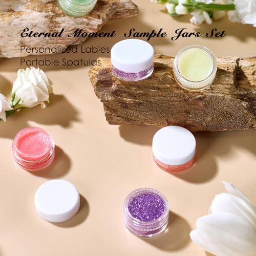 50 Pack 3 Gram Sample Containers with White Lids, Small Plastic Cosmetic Jars, Makeup Travel Container Jar for Cream, Bead, Eye Shadow, Lotions, Powders, Glitters Lip Gloss with Labels,Spatulas - color: White Lid, size: 0.1 Ounce