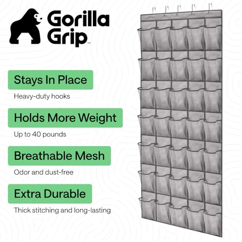 GORILLA GRIP Over the Door Shoe Organizer, 35 Large Breathable Mesh Pockets, Space Saving Hanging Storage Holder, 5 Hook Closet Rack Hanger, Hangs on Closets for Shoes, Accessories 68.5H x 24.5W Grey - color: Grey, size: 35 Pockets/5 Hooks