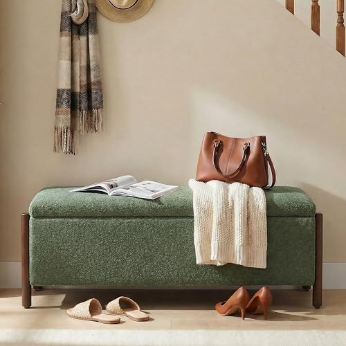 Usaint Wooden Storage Ottoman Bench, 47" Fabric Upholstered End of Storage Bench with Rubberwood Legs, Entryway Bench with Storage for Bedroom, Living Room, Reception, Cloakroom, Green - color: Green
