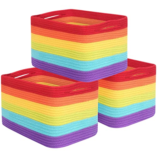 MINTWOOD Design 3-Pack Storage Baskets for Shelves, Playroom and Classroom, Book Basket, Decorative Storage Cube Bins, Woven Closet Organizers, Pantry and Shoe Organizer, Rainbow - color: Rainbow
