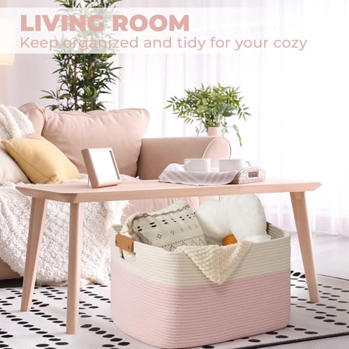 danpinera Woven Rectangle Storage Basket, Large Blanket Basket for Living Room,Kids Room, Storage Bin Box with Handle for Pillows, 22’’*17’’*11.8’’, 72L, White/Pink - color: White+Pink, size: 72L