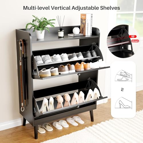 Shoe Storage Cabinet with 2 Flip Drawers, Freestanding Entryway Shoe Cabinet with 2 Side Hooks & Adjustable Shelves Slim Shoe Organizer Cabinet Narrow Shoe Rack for Entrance Hallway Front Door,Black - color: Black