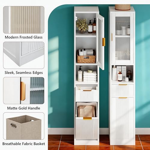 Einhomn 67" Tall Bathroom Storage Cabinet with Removable Laundry Basket & Shelf, Narrow Bathroom Cabinet Storage with Glass Door and Drawer, for Bathroom, Living Room, Entryway, Kitchen, White