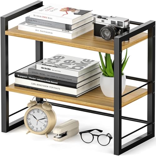 Office Desk Shelf Organizer, Wood Desktop Bookshelf Supplies Storage Rack, Shelf for Top of Desk and Dresser (Black-2 Tier) - color: Black