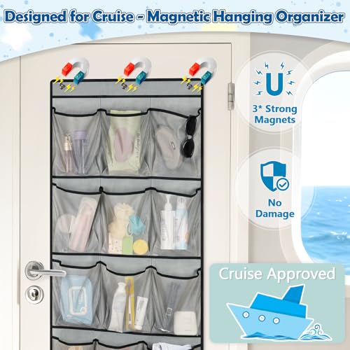 Over The Door Cruise Ship Organizer - Cruise Ship Magnetic Door Organizer with 15 Size-Graded Pockets, Hanging Magnetic Cruise Storage Shoe Rack for Cabin, 2025 Cruise Essential, 9 Hooks(Grey) - color: grey