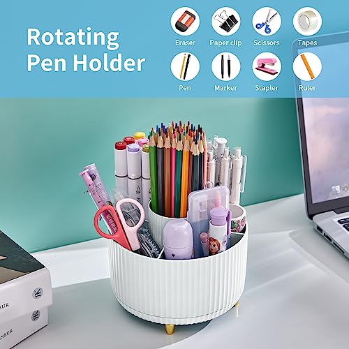 Marbrasse Desk Organizer, 360-Degree Rotating Pen Holder, Desk Organizers and Accessories with 5 Compartments Pencil Holder, Art Supply Storage Box Caddy for Office, Home（White） - color: White