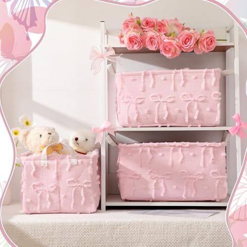 Kathfly 3 Pcs Bow Foldable Storage Baskets Plush Faux Fur Jacquard Design Laundry Basket with Handles Waterproof Storage Bins Fabric Shelf Baskets for Organizing Closet Clothes - style: Bow