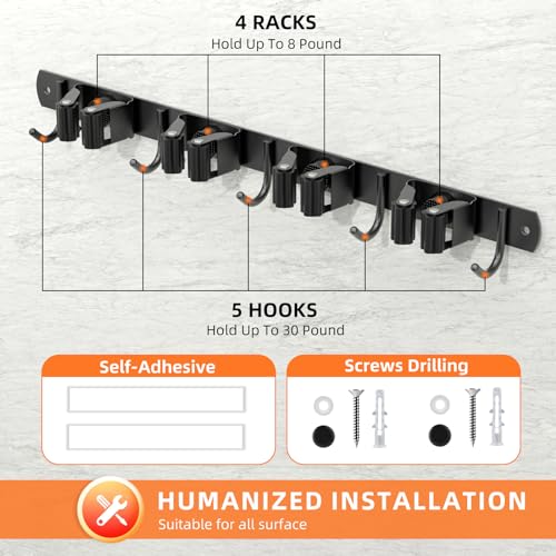 Broom Holder Wall Mount, Improved Non-slip Mop and Broom Holder Wall Mount, Heavy Duty Broom Hanger Organizer for Closet Laundry Garden Garage Storage (4 Racks 5 Hooks)