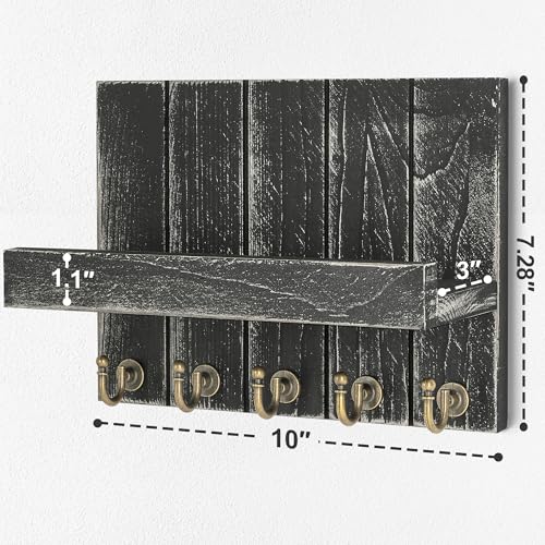 Rebee Vision Pine Wood Key Holder Wall Mount with Shelf – Farmhouse Key Holder for Wall & Sunglass Organizer for Entryway – Perfect for Living Room Decor (3.54" x 10" x 7.28", Old Black) - color: Old Black, size: 10 Inch