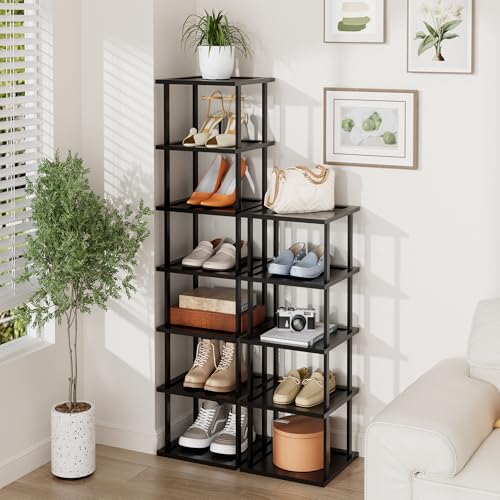 Vertical Tall Shoe Rack Organizer for Entryway -12 Tier Free Standing Slim Narrow Bamboo Wood Corner Stackable Shoe Boots Storage Stand Small Spaces for Closet Garage Cloakroom Living Room (Black) - color: Black, size: 12 Tier