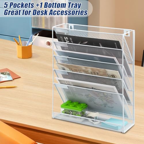 EASEPRES Desk File Organizer Mesh 6-Tier, Hanging Wall Mount Document Organization Stand, Desktop Vertical Mail Paper Folder Holder Rack with Bottom Tray for Office Home Cubicle Countertop, White - color: White, size: 6 Tier