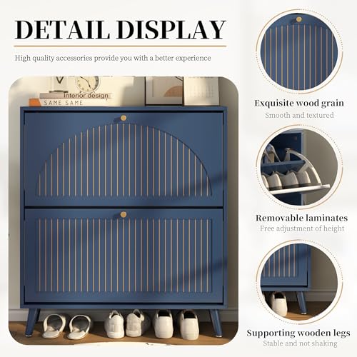 Fsbecl Shoe Storage Cabinet for Entryway with 2 Flip Drawers, Narrow Wood Shoe Cabinet with Fluted Panel, Freestanding Hidden Shoe Organizer for Foyer, Hallway (Blue - with Shelf) - color: Blue - With Shelf